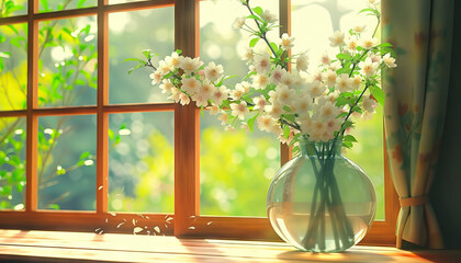 The gentle breeze carried the scent of spring flowers through the open window - obrazy, fototapety, plakaty