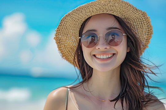 Radiant Beach Bliss: Joyful Woman Enjoying Sunshine