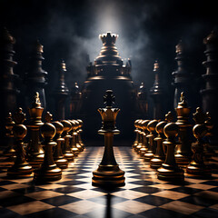 chess pieces with the king surreal shadows crown the lone king amidst a court of pawns questioning
