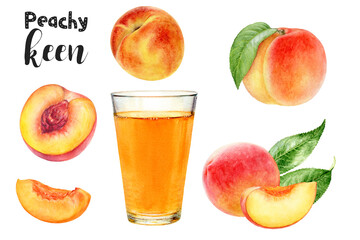Watercolor illustration of peaches and juice close-up. Design template for packaging, menu, postcards.