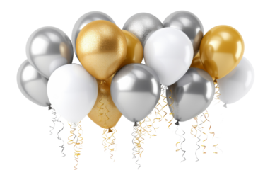 A festivity of silver and gold balloons gleam in the air, adding a touch of elegance to the atmosphere