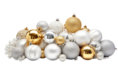 A luxurious pile of white and gold Christmas ornaments accentuated with shimmering details