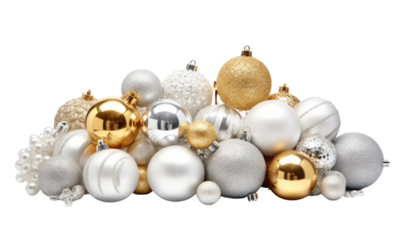 A luxurious pile of white and gold Christmas ornaments accentuated with shimmering details