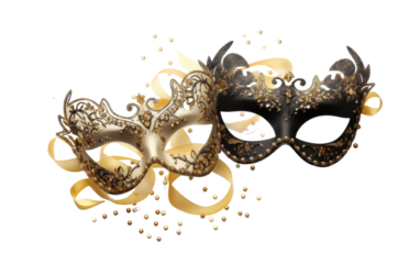 Two vivid masquerade masks intertwined with shimmering gold ribbons