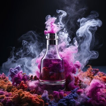 bottle of perfume on dackground with smoke