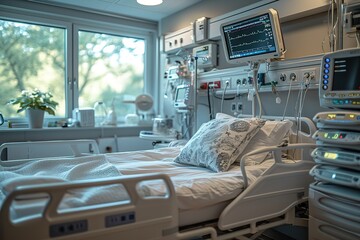 A hospital room with a ventilator and medical monitors for critical care patients