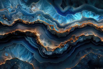 Fotobehang A stunning digital art piece showcasing the intricate patterns of blue agate, with its deep navy hues and golden veins, creating an enchanting visual experience. Created with Ai © Design Dockyard