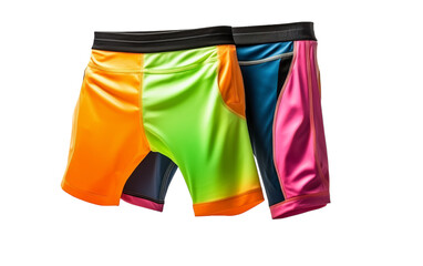 A pair of colorful shorts with bright hues on a clean, white background