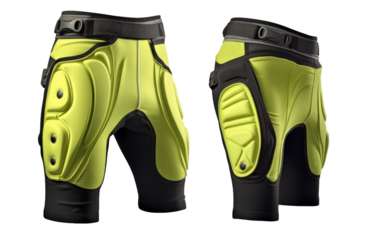 A pair of yellow and black knee pads lying on a wooden floor