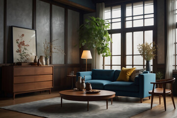 Stilvolle Wohnzimmereinrichtung mit blauem Sofa und Holzelementen im Vintage-Stil