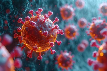 A microscopic view of virus particles attacking healthy cells in the human body