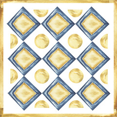 Portuguese azulejo tiles. Watercolor pattern in yellow and blue colors - 772195867