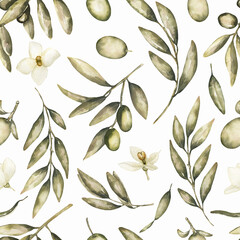 Watercolor olive branch seamless pattern. Hand drawn floral texture with natural elements:  green olives, leaves and olive flower repeat paper. - 772195895