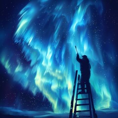 a man on the stairs draws the northern lights, magic of realms, ladder to the sky - obrazy, fototapety, plakaty