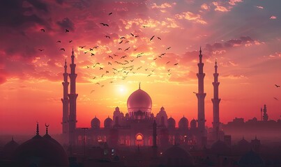 Mountainous Sunrise View of Oman Mosque - obrazy, fototapety, plakaty