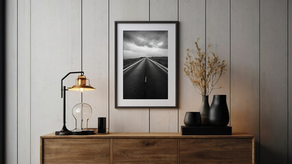 Mock-up poster frame in modern living room with table