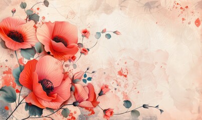 Elegant red poppy flowers with delicate petals and artistic splashes of color on a pastel background.