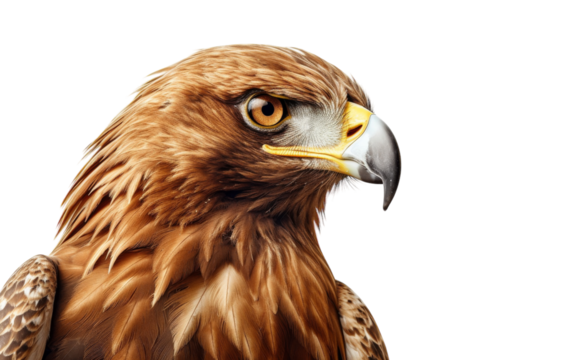 A powerful bird of prey stares intensely from a close distance on a pure white background