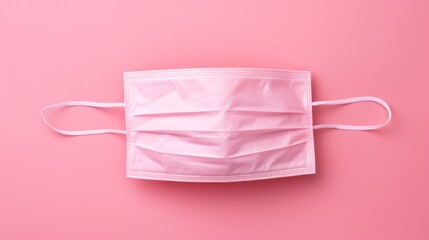 A pink disposable face mask is laying on a pink background