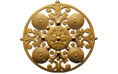 A shiny gold plate featuring a mesmerizing circular design