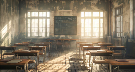 interior of a old classroom with a chalkboard