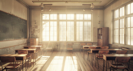 interior of a old classroom with a chalkboard - obrazy, fototapety, plakaty