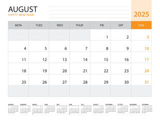 Calendar 2025 template vector on orange background, August 2025, week start on monday, Desk calendar 2025 year, Wall calendar design, corporate planner template, Stationery, organizer diary, vector