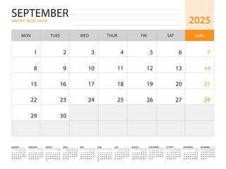 Calendar 2025 template vector on orange background, September 2025, week start on monday, Desk calendar 2025 year, Wall calendar design, corporate planner template, Stationery, organizer diary, vector