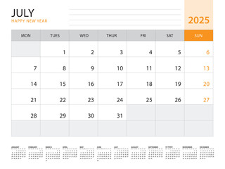 Calendar 2025 template vector on orange background, July 2025, week start on monday, Desk calendar 2025 year, Wall calendar design, corporate planner template, Stationery, organizer diary, vector