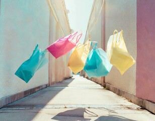 A sequence of plastic shopping bags caught in a gust of wind, dancing along a deserted urban alley, a surreal representation of pollution's movement through the city.