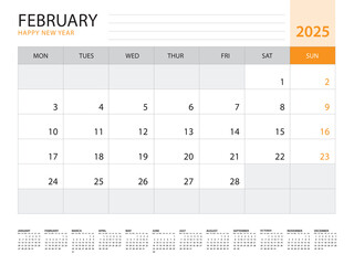 Calendar 2025 template vector on orange background, February 2025, week start on monday, Desk calendar 2025 year, Wall calendar design, corporate planner template, Stationery, organizer diary, vector