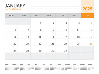 Calendar 2025 template vector on orange background, January 2025, week start on monday, Desk calendar 2025 year, Wall calendar design, corporate planner template, Stationery, organizer diary, vector