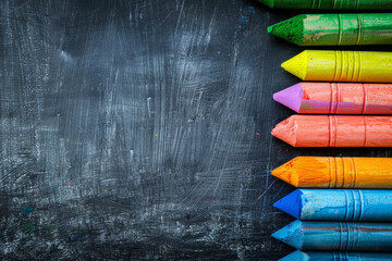 back to school crayons and pencils on chalkboard - obrazy, fototapety, plakaty