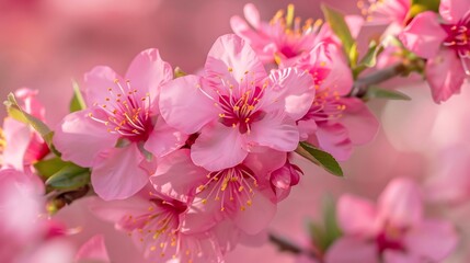 Fototapeta premium Close-up of delicate pink peach tree flowers in full bloom, springtime beauty