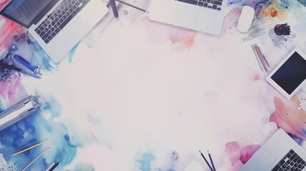 watercolor laptop background with copy space in the center