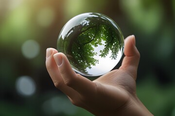 Hand holding a crystal glass sphere with green nature background. Generative AI