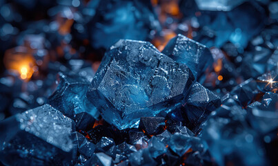 Close up of blue glowing crystals on dark coals, in the style of product photography. Created with Ai