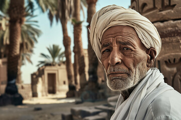 Ancient egyptian man portrait on ancient egyptian village background. ancient egypt concept.