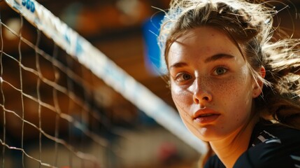 Focused Young Athlete by Volleyball Net Indoor