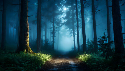 Abstract path in a dark forest at night in the background, foggy on digital art concept, Generative AI.