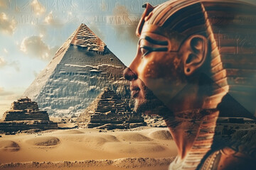 Concept of travel to Egypt, double exposure of ancient Egyptian monuments.