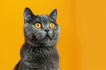 funny british shorthair cat portrait looking shocked or surprised on orange background with copy space - generative ai