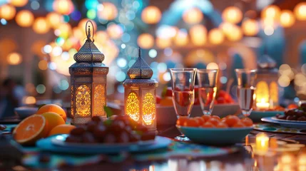 Keuken spatwand met foto Ramanad concept, iftar, table with arabic lantern lamps, water, dates and delicious arabic food. Generative AI © AngrySun