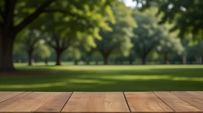 Empty wood table in front of green mountain and blue sky at summer blurred background.generative.ai