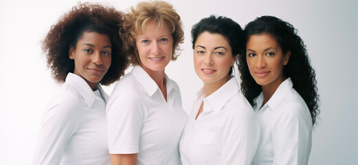 Group portrait of beautiful ladies with different skin and hair color. Woman's day.
