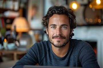 Fototapeta premium Casual businessman with laptop at cozy workspace