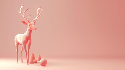 Rosy Deer with Textured Fur and Trees on a Pastel Pink Background