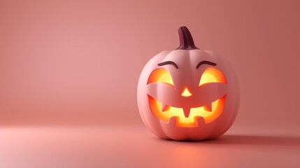 Smiling Carved Pumpkin Glowing on a Warm Pink Background
