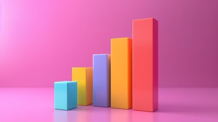 3D Rendered Colorful Graph Bars on Pink Background with Shadows