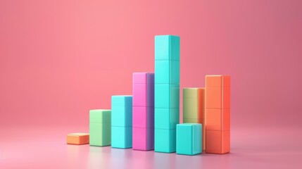 Stack of 3D Cubes in Pastel Colors with Graph Concept on Pink Background
